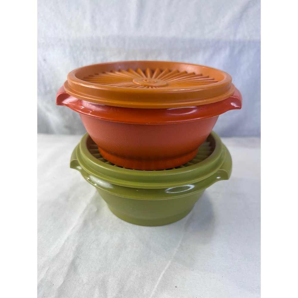 Vintage Tupperware Servalier Bowls Set of 2 Orange Green Sunburst Lids 1323